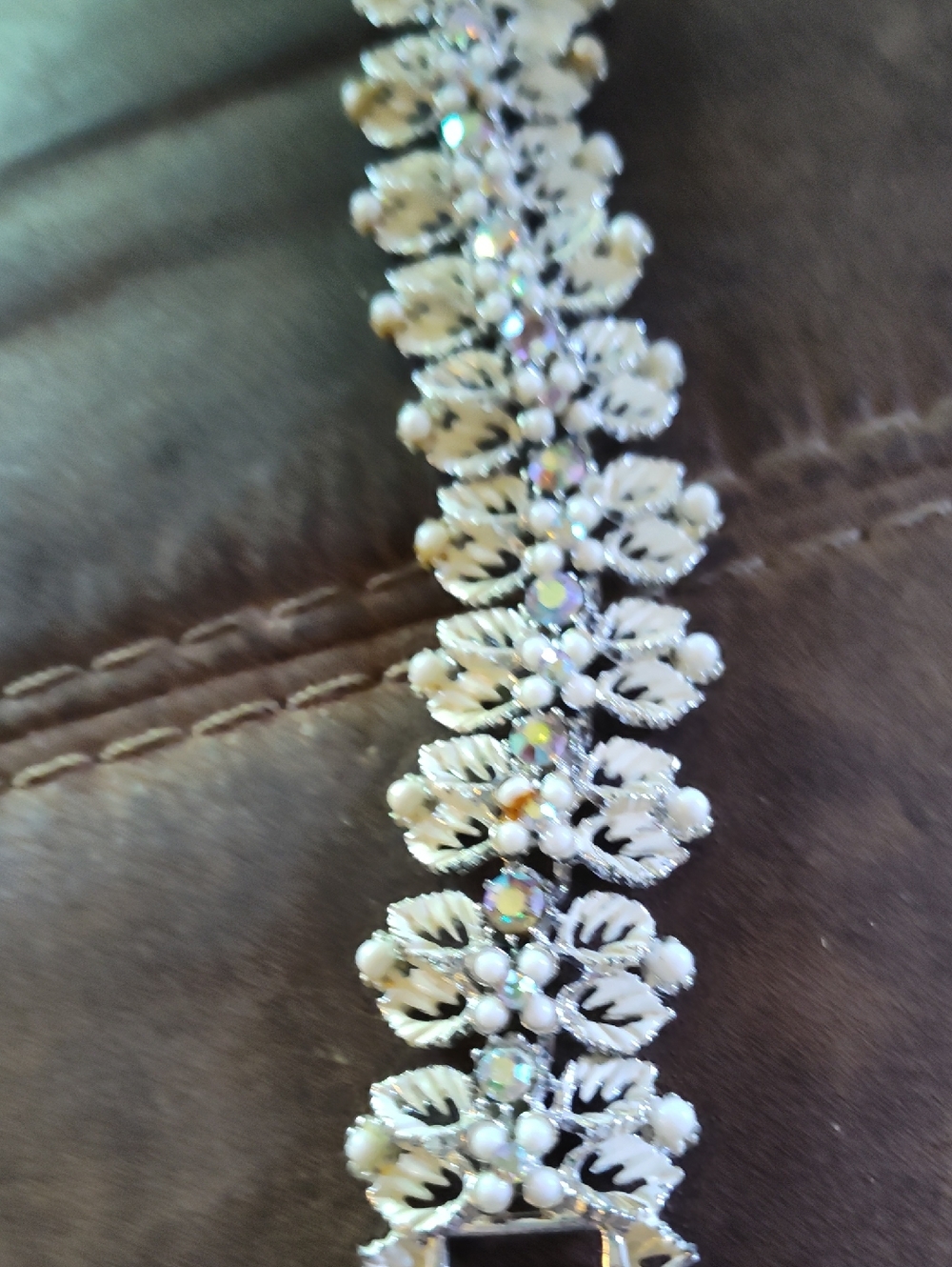 Art Pepper link bracelet 1960s White Enamel, AB Rhinestones, Pearls.